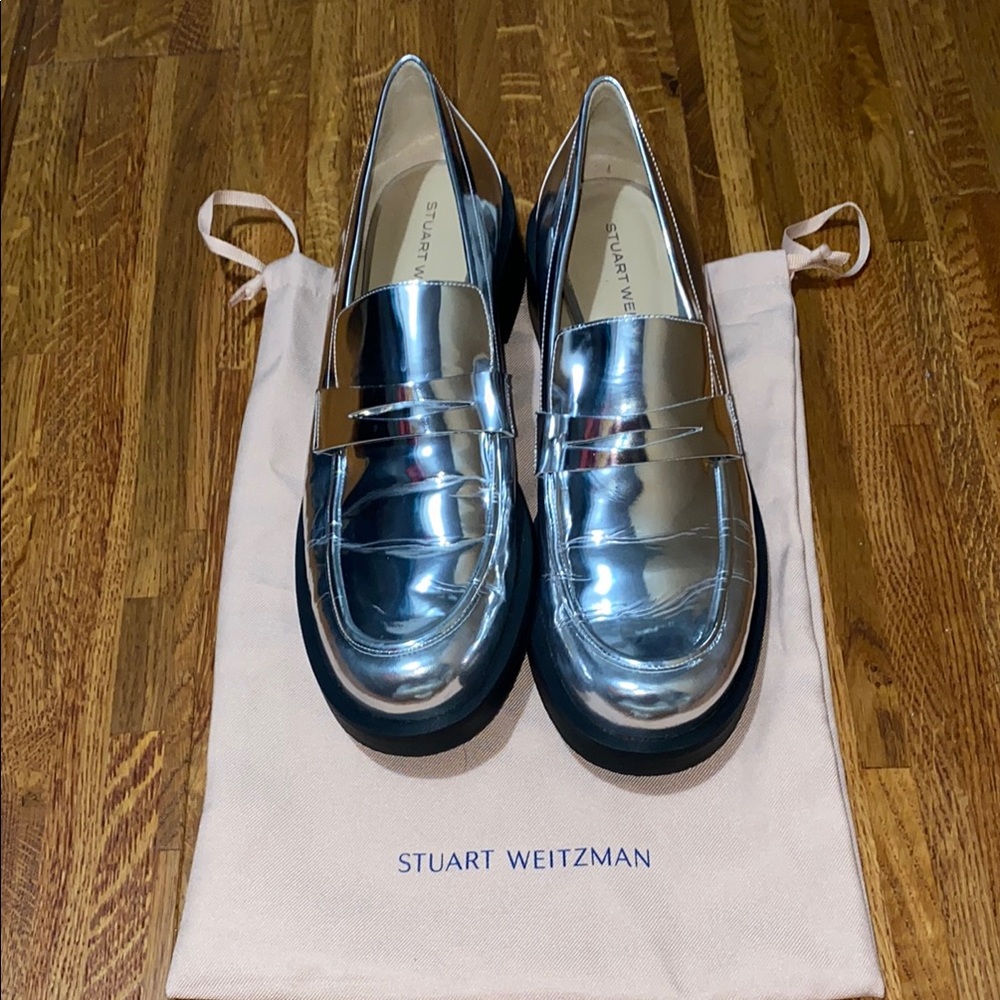 Stuart Weitzman Silver Metallic Penny Loafers